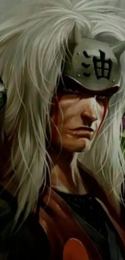 Anime warrior with white hair and mask depicts an epic fantasy scene.