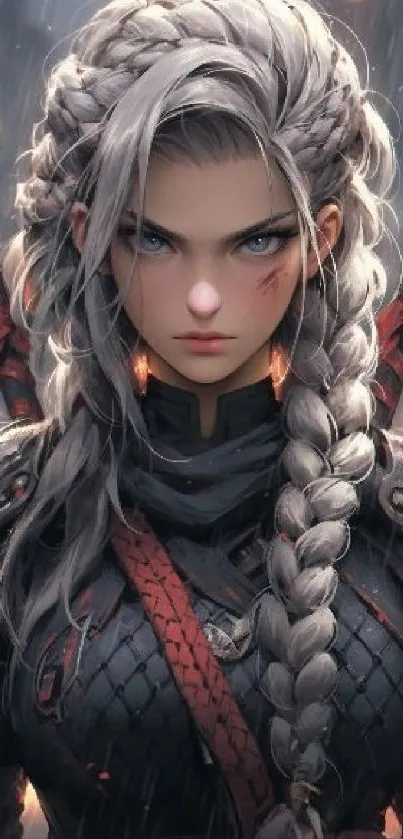 Epic anime warrior girl with braided hair and armor under rain.