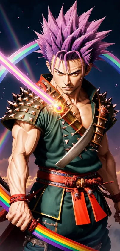 Anime warrior with purple hair and rainbow background in dynamic pose.