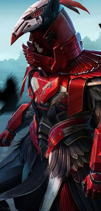 Epic warrior in futuristic red armor with intricate details.