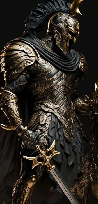 Epic warrior armor with golden helm and shield on a dark background.