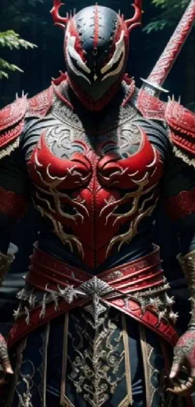 Epic warrior in red and black armor with sword in mystical forest.