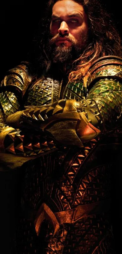 Warrior in detailed golden armor, striking pose.