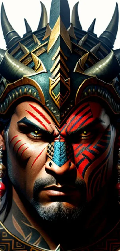 Epic warrior art with intricate tribal designs and fierce gaze.