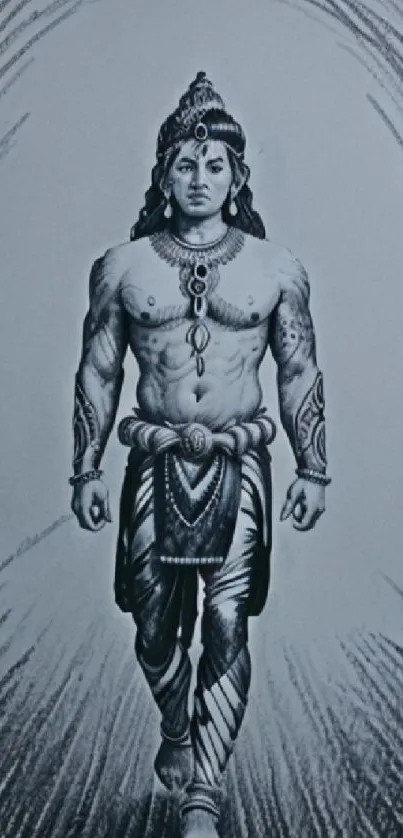 Monochrome artwork of an epic warrior figure, wearing traditional attire.