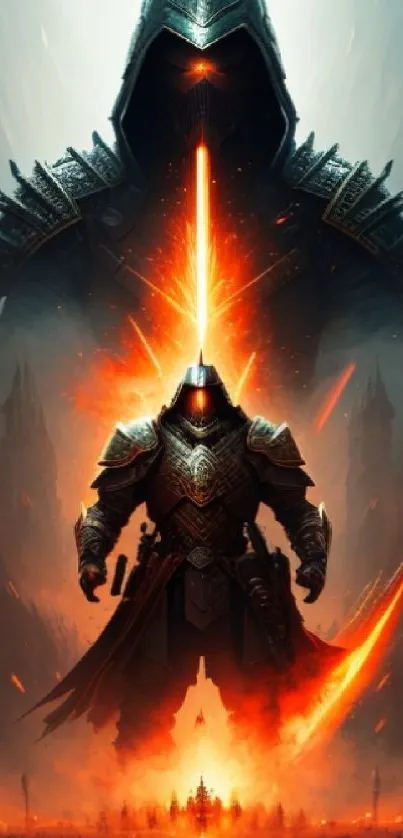 Epic warrior in fiery armor with dramatic background.