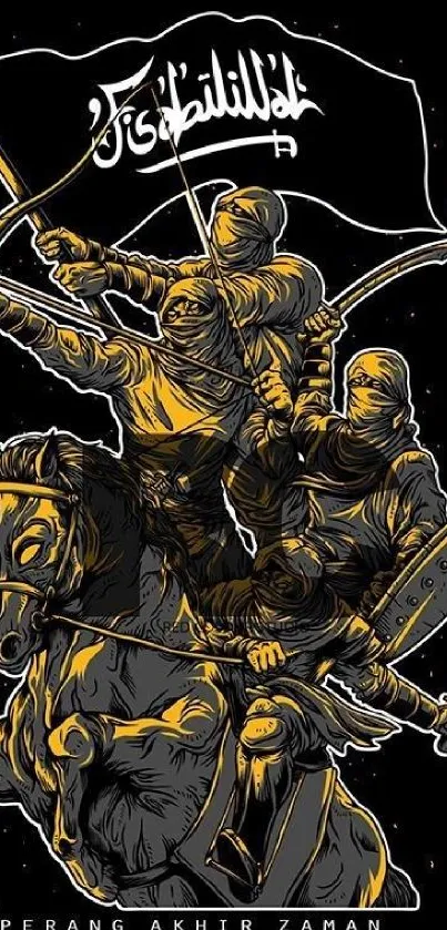 Epic illustration of warriors on horseback with black and gold tones.