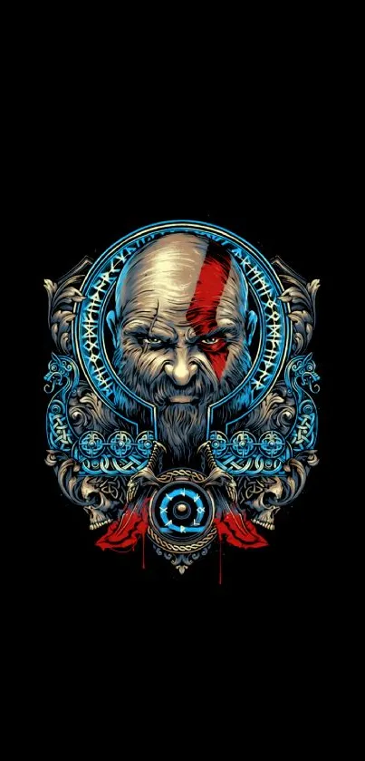 Intricate warrior artwork with blue and red on black background.