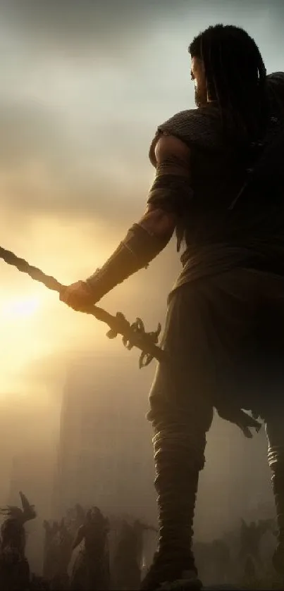 Epic silhouette of a warrior at dawn in a cityscape background.