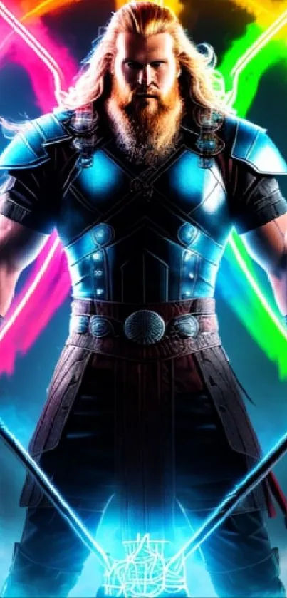 Epic warrior with neon aura and mystical swords.