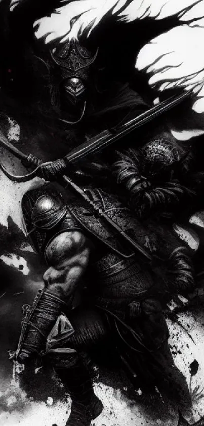 Epic fantasy warrior in battle, black and white art.