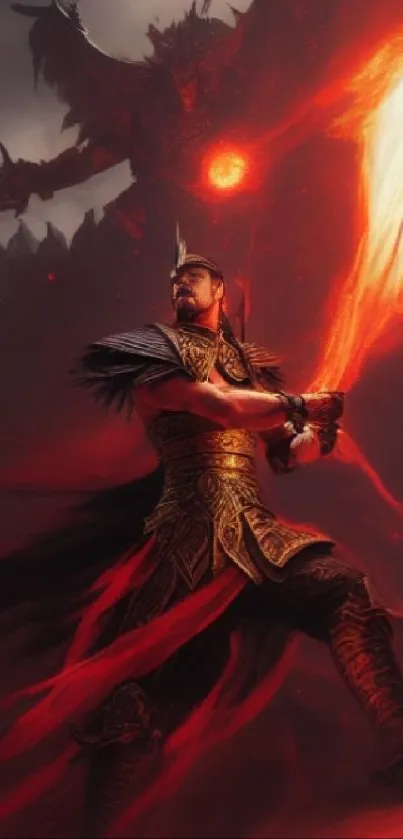 Epic fantasy warrior with fiery sword in battle scene.