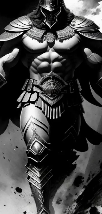 Black and white illustration of an armored warrior.