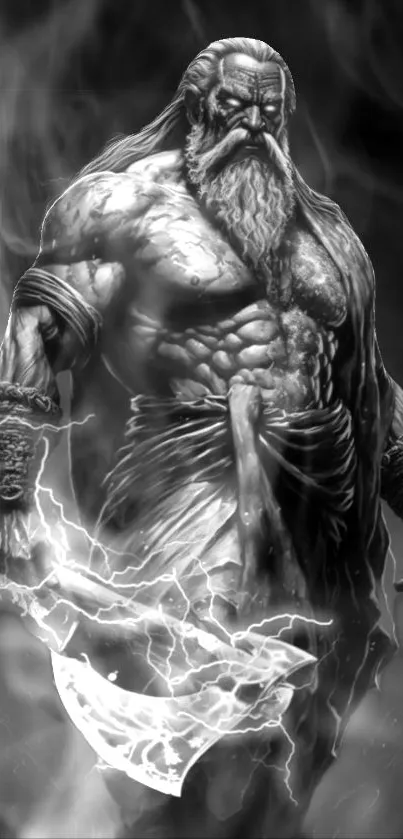 Epic black and white warrior with lightning in mythical style.