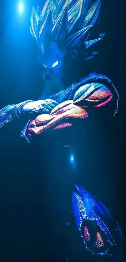 Epic warrior in blue light, intense mobile wallpaper.