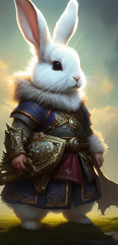 Fantasy warrior bunny in detailed armor under a dramatic sky.