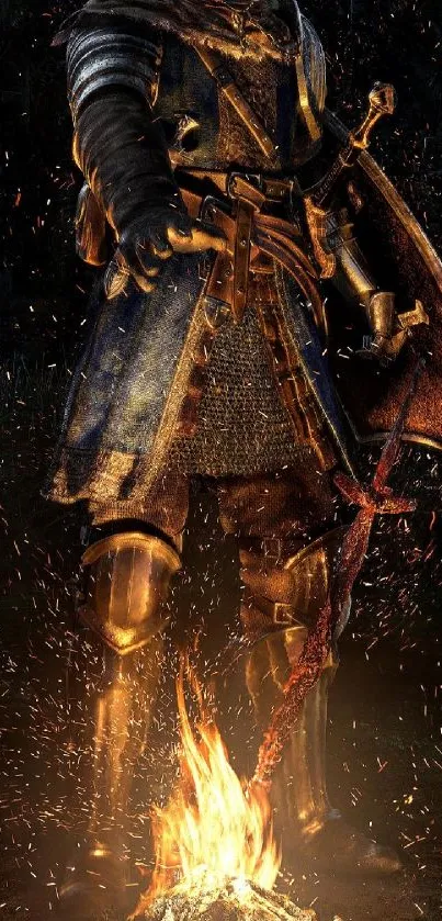 Warrior in armor standing by a glowing campfire.