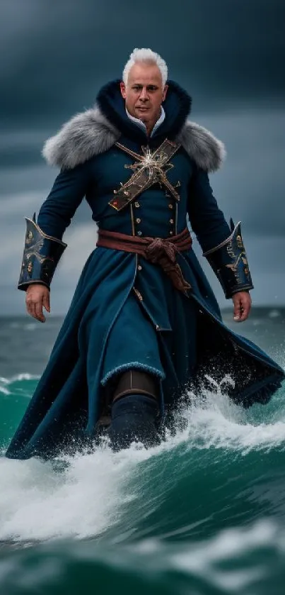 Epic warrior in blue coat stands strong amid ocean waves and stormy skies.