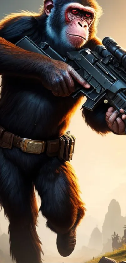 Chimpanzee warrior holding a futuristic weapon in a cinematic landscape.