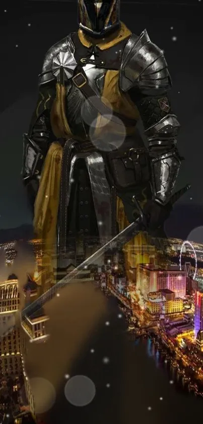 Armored warrior overlooking a vibrant city at night.