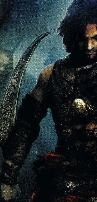 Dark fantasy warrior with sword in hand.