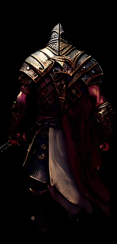 Dark-themed warrior in armor, wielding a sword on a black background.