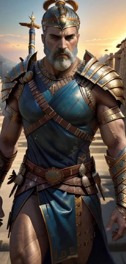 Epic ancient warrior in blue armor standing in a sunlit historical setting.