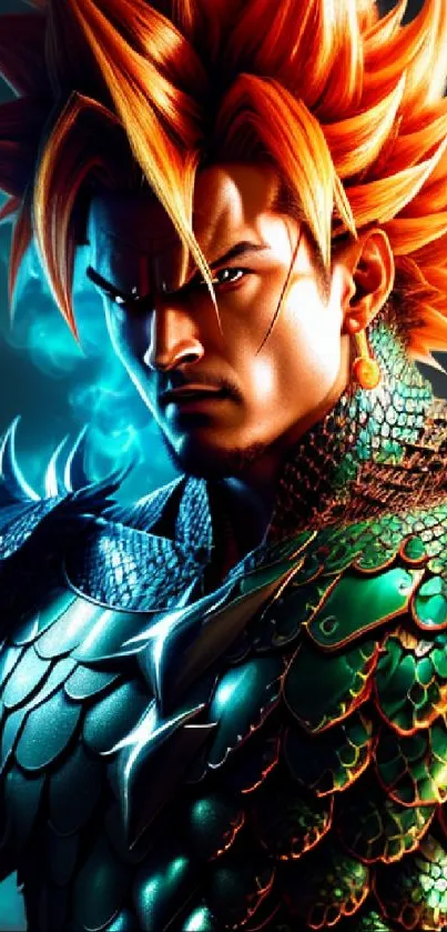 Fantasy warrior with fiery hair and dragon armor on a dark background.