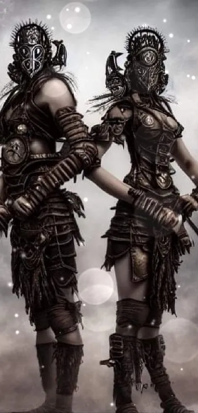 Epic warrior duo in futuristic armor with a dramatic background.