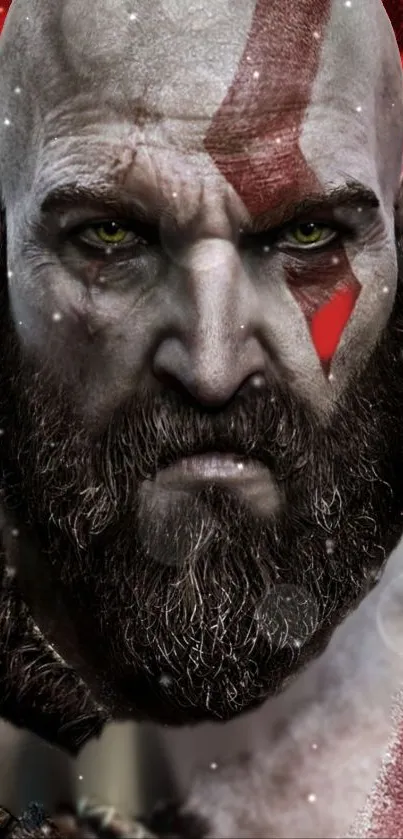 Epic warrior face with red accents on mobile wallpaper.