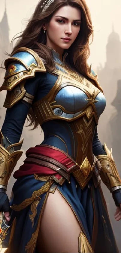 Fantasy warrior woman in detailed armor set in a medieval city backdrop.