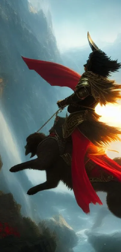 Epic fantasy wallpaper featuring a warrior in action with intense colors.