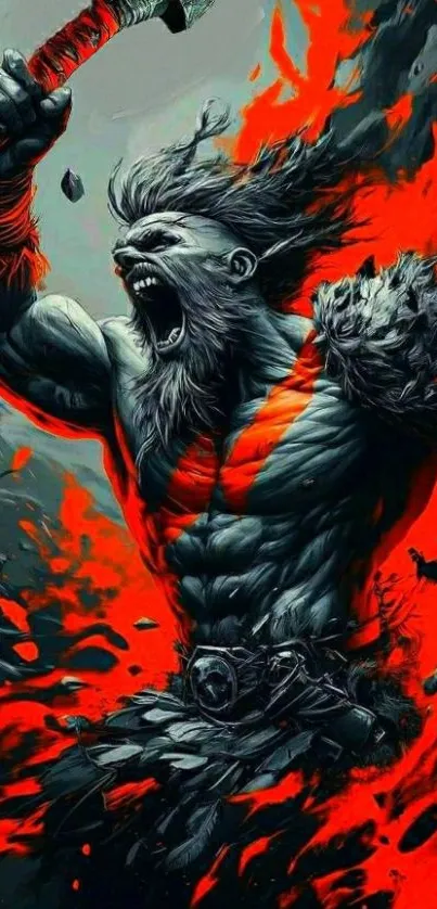 Epic warrior in fiery fantasy art scene.