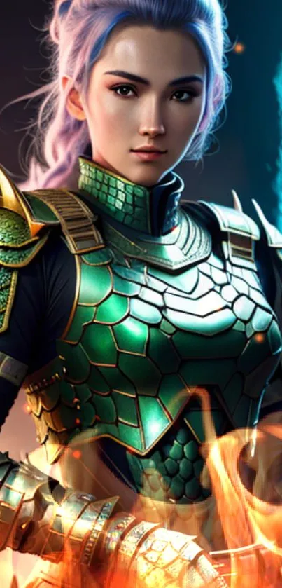 Warrior in green armor with a glowing sword in a fantasy art style.