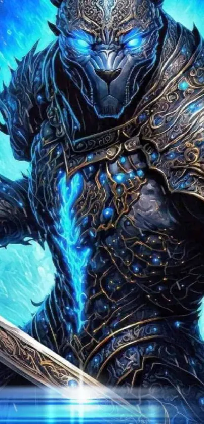 Epic fantasy warrior with glowing blue armor.