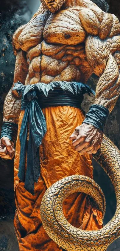 Epic warrior fantasy art with orange attire and muscular build.