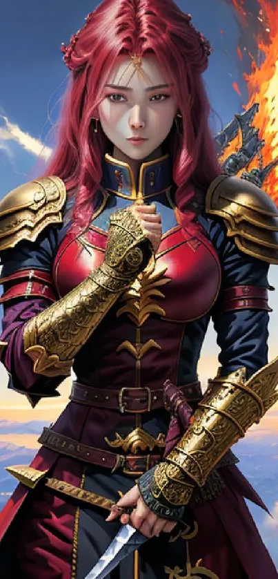 Epic fantasy warrior in fiery armor with a sword against a vivid sky backdrop.