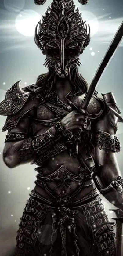 Epic dark warrior in detailed armor with a sword.