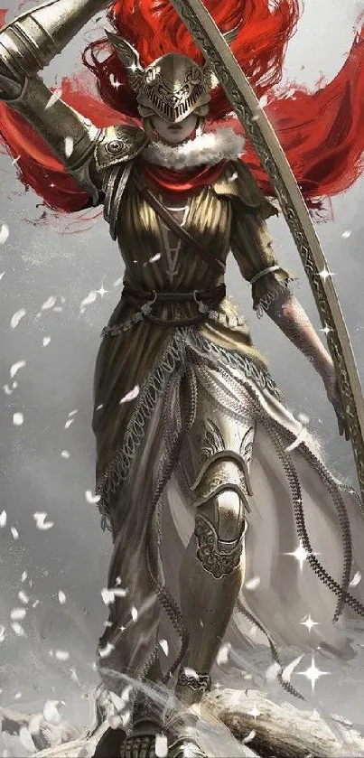 Epic fantasy warrior with sword and flowing red cape.