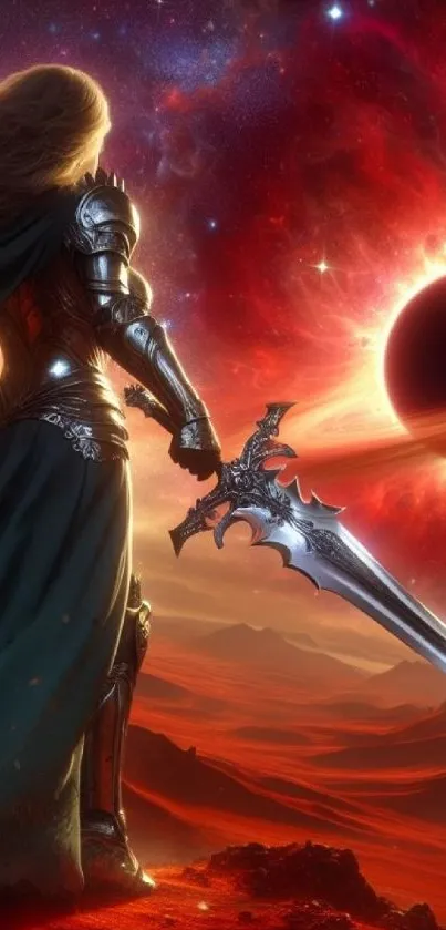 Epic fantasy art of a warrior with sword against cosmic background.