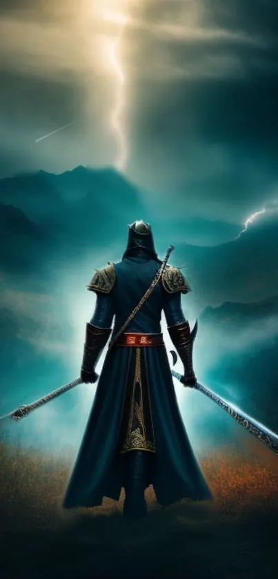 Epic warrior standing in mystical mountains with dramatic sky and lightning.