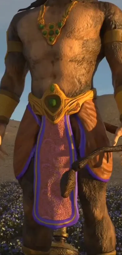 A mythical warrior stands in a desert landscape, wearing ornate jewelry.