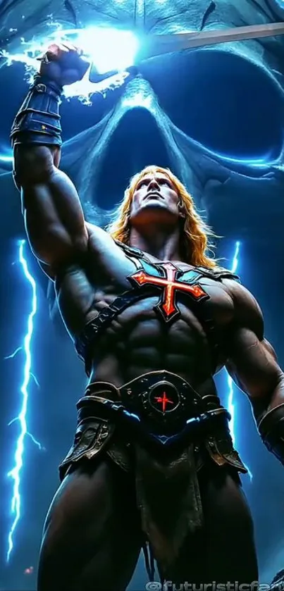 Warrior with raised sword amid lightning and skull backdrop.