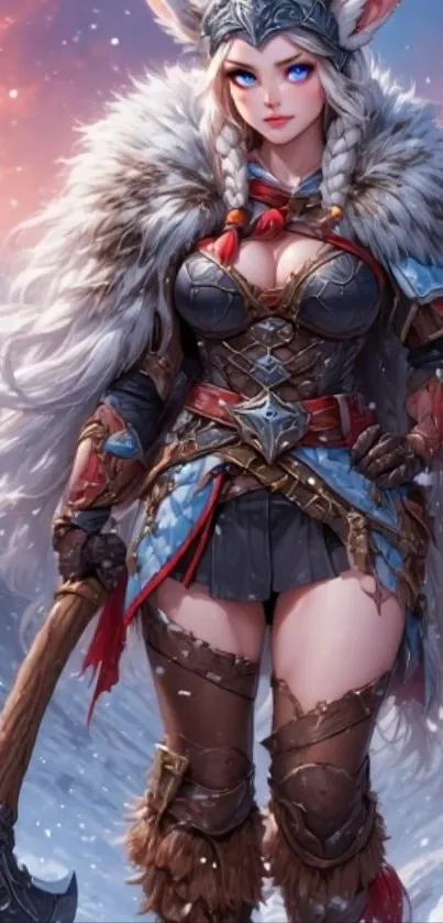 Epic fantasy warrior with axe in winter landscape.