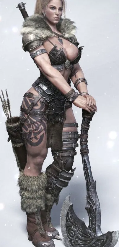 Warrior character in fantasy armor with axe and tattoos in a powerful stance.