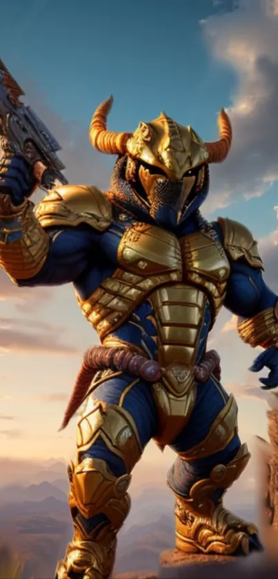 Epic fantasy warrior in gold armor, holding weapon against scenic sky.