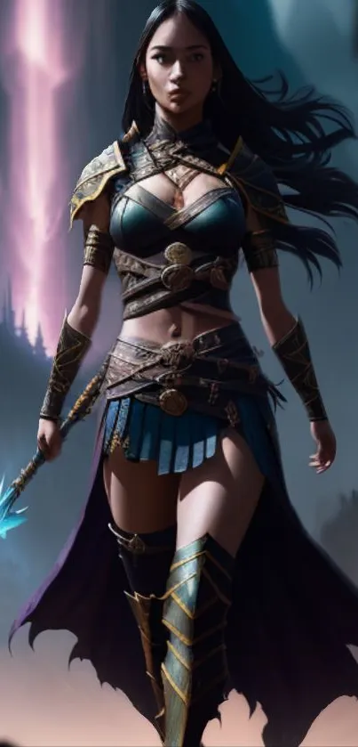 Epic female warrior in fantasy armor artwork.