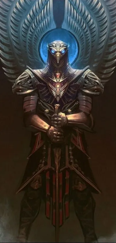 Fantasy warrior with wings in dark armor on a mystical background.