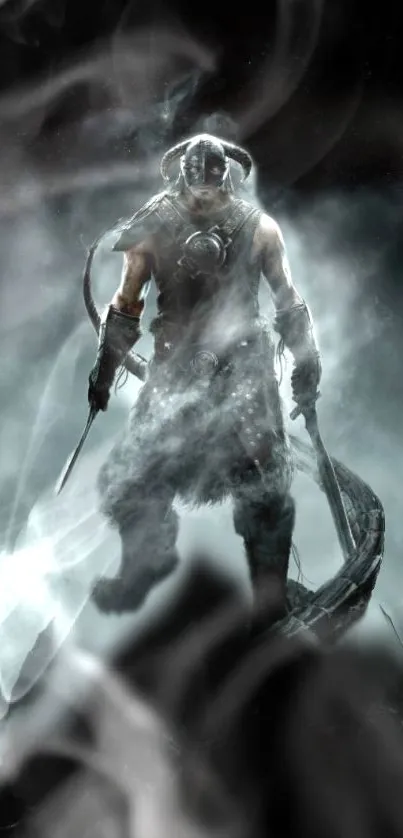 Epic warrior in misty fantasy scene with smoky backdrop.