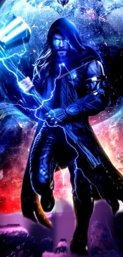 Fantasy warrior with mystical lightning in a cosmic setting wallpaper.